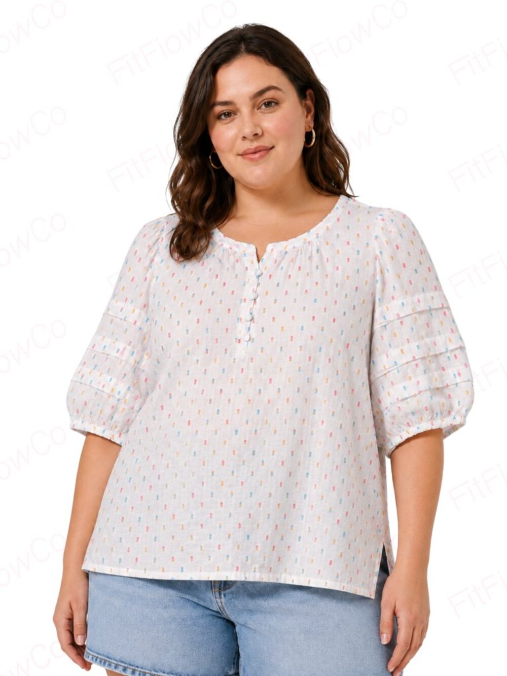 LOFT Petites LP Multicolor Clip Dot Puff Sleeve Cotton Blouse